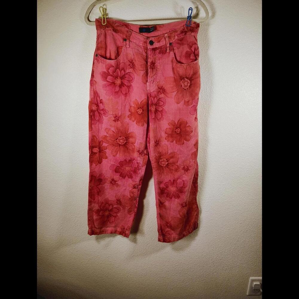Coral Floral Ankle Wide Leg Pants USA 100% Cotton. Blue Dot. High Ris. Button